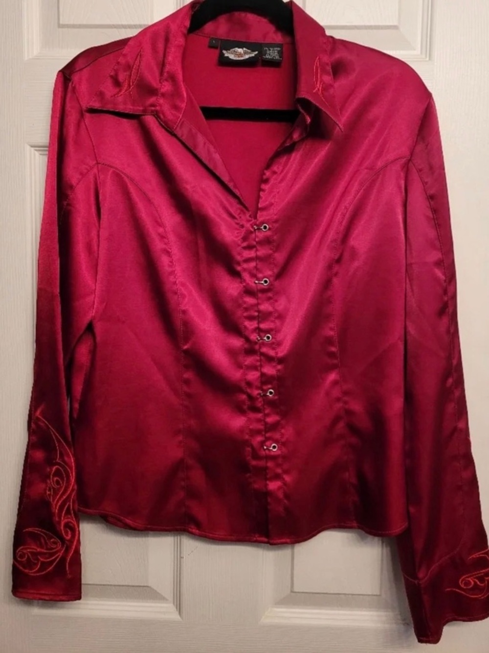 Harley Davidson Women's Satin Button-Front Blouse - Red